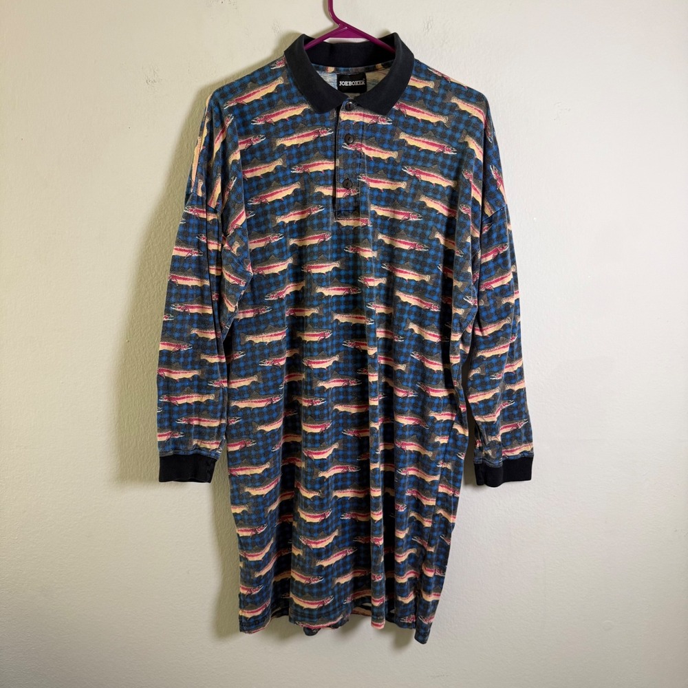 Vintage 1991 Joe Boxer Rainbow Trout Fish Plaid Long Sleeve Polo Shirt Mens S/M